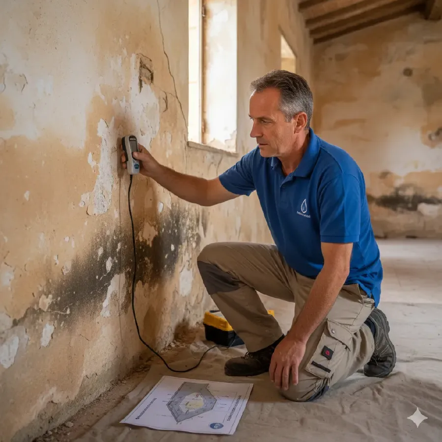 Técnico de HumiX revisando humedades en una vivienda de Godella